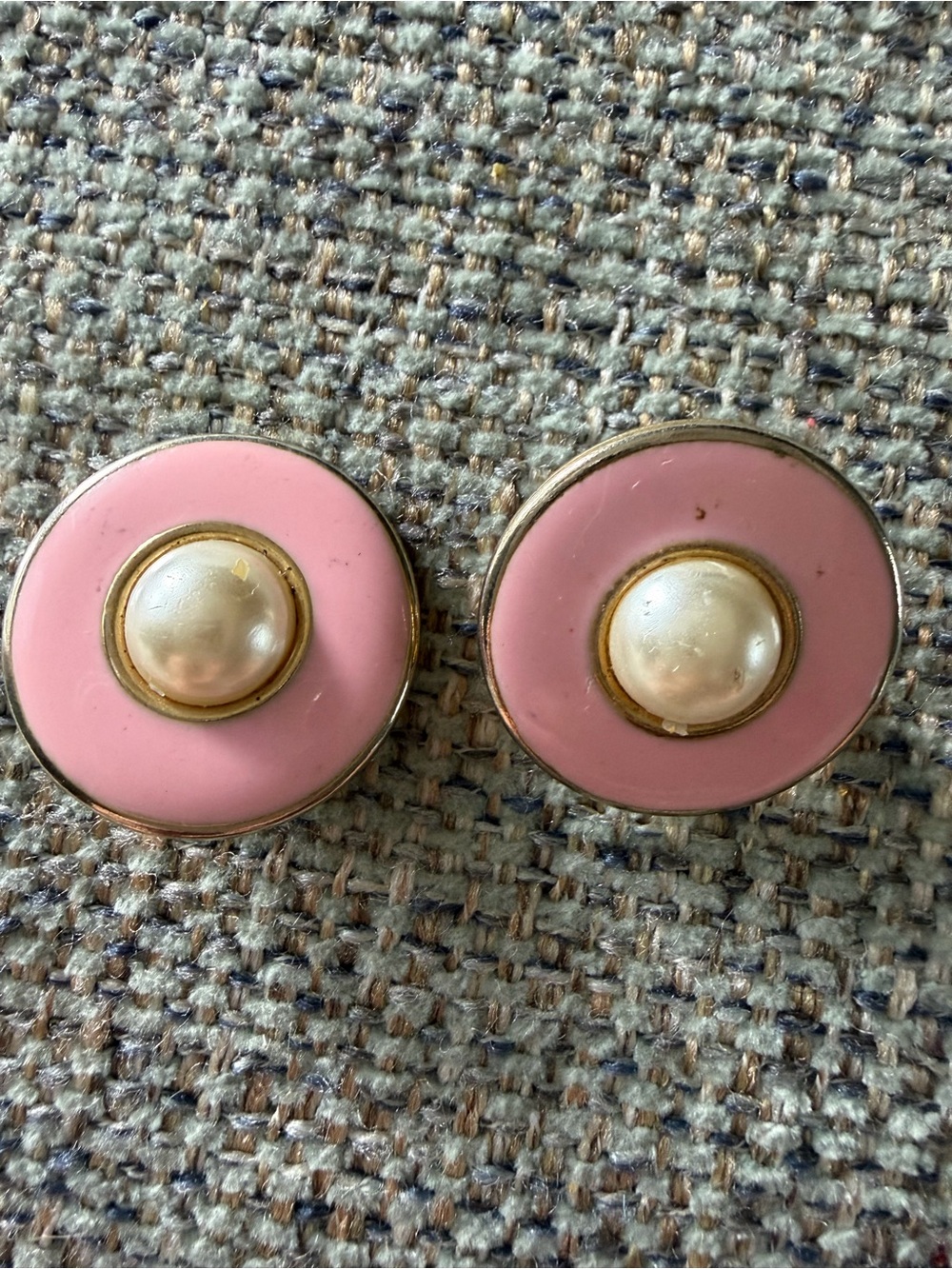Vintage Pink Enamel Faux Pearl Center Clip-On Earrings... 1960-1970